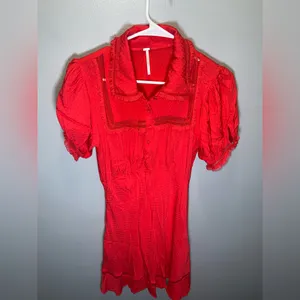 Free People Women's Cherry Crush Warm Glow Mini Dress w/ Ruffle Lace Trim Medium thumbnail 2