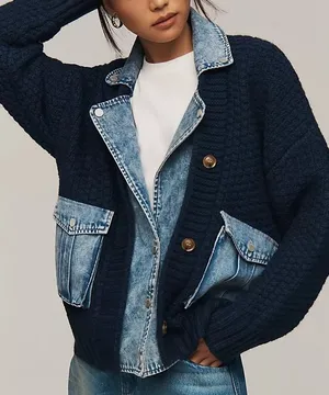 BLANK NYC Chunky Knit Denim Sweater Jacket Womens S Trucker Indie 90s Scandi thumbnail 1
