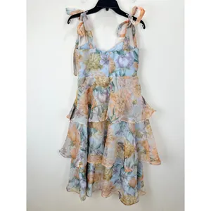 Lulus Playfully Posh Blue Floral Organza Tie-Strap Tiered Midi Dress Medium NWT thumbnail 8