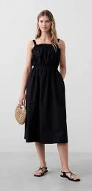 BANANA REPUBLIC Poplin Gather Waist Midi Dress MINIMALIST POCKETS Black Small S thumbnail 1
