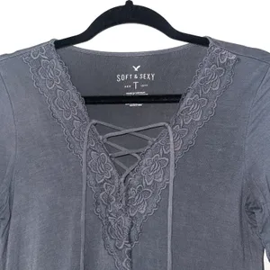American Eagle Soft & Sexy Gray Lace Strappy Front Top thumbnail 3