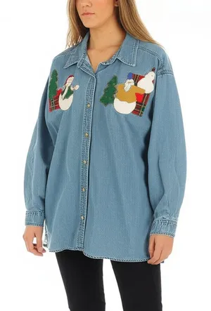 Vintage Christmas Denim Button Up Shirt Womens 2X Blue Holiday Embroidered Snow thumbnail 1