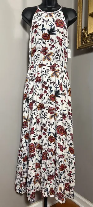 NEW Old Navy Small White Floral Halter Waist Defined Braided Strap Maxi Sundress thumbnail 1