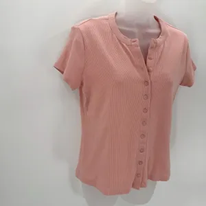 Universal Standard Universal Thread Top Womens XL Pink Rib Knit Button Front Tee Fitted Short Slv thumbnail 2