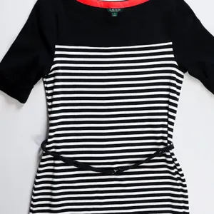 Lauren Ralph Lauren Sheath‎ Dress Women Size L Black White Striped Belted Cotton thumbnail 11