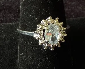 Vintage Style Faux Aquamarine Halo Cocktail Ring Silver Tone Size 10 thumbnail 1