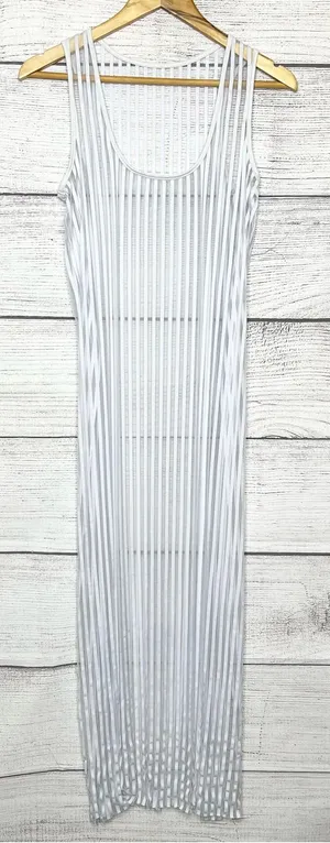 Sheer White Stripe Scoop Neck Sleeveless High Slit Maxi Dress Swim Cover Small thumbnail 1