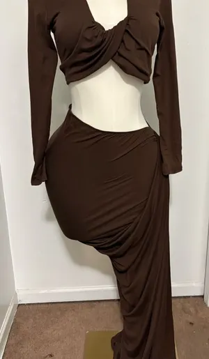 Women's Brown Draped Maxi Skirt Set - Chic Asymmetric Silhouette NWT XL thumbnail 1