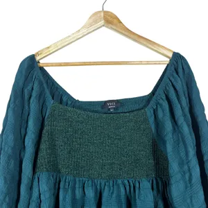 VICI Smocked Textured Babydoll Balloon Sleeve Tunic Top Teal Boho Size Medium thumbnail 2
