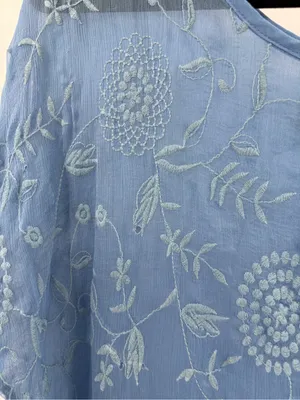 SUNDANCE Blue Embroidered Silk Short Sleeve Sheer Overlay Blouse Top Sz large thumbnail 4