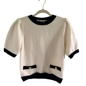 English Factory Cream Puff Sleeve Sweater Top Black Trim Gold M thumbnail 2
