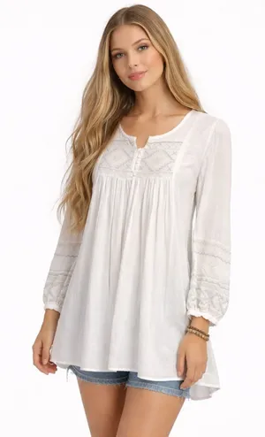 Mollorello White Embroidered Boho Tunic Top Peasant Babydoll Blouse Cottagecore thumbnail 1
