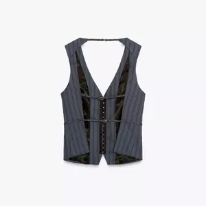 NWT Zara Pinstripe Grey Blue Vest with hook front and straps back Large thumbnail 2