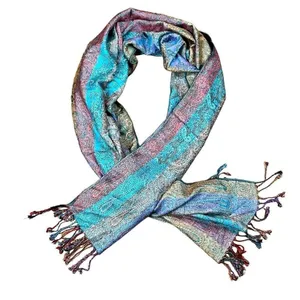Women’s Multicolor Stripe Fringe Scarf Purple thumbnail 1