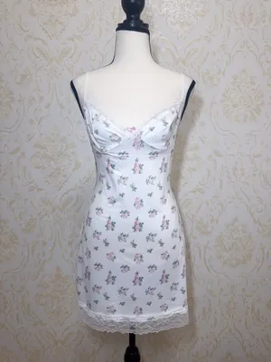 Cute white pink coquette floral lace trim mini dress with pink roses night gown size xs-s thumbnail 3