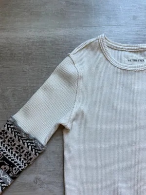 Free People We The Free Waffle Knit Body Mixed Media Print Knit Cuffs Top Size L thumbnail 3