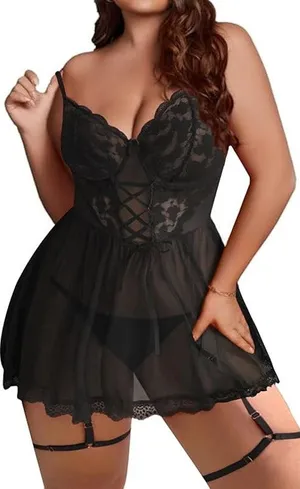 NWOT ~ Black Lace Sexy Babydoll Lace Up Nighty & Thong & Garters ~ Plus Size XXL thumbnail 1