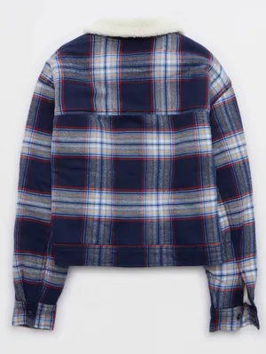 Aerie Cropped Plaid Sherpa-Lined Jacket in Navy thumbnail 3