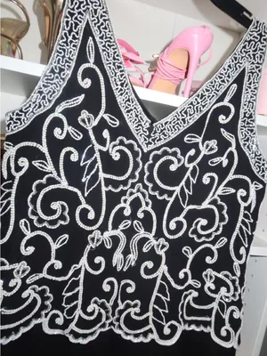 J Kara Black Maxi Dress with White Beaded Floral Bodice thumbnail 11