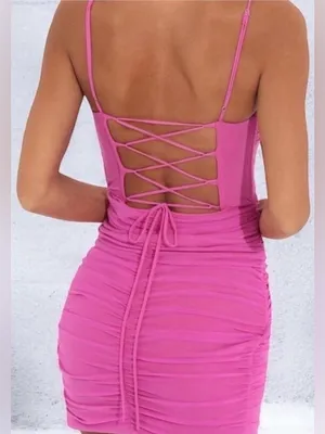 Lucy In The Sky Sm Pink Ruched Mini Dress Lace Back Adjustable Spaghetti Straps thumbnail 2