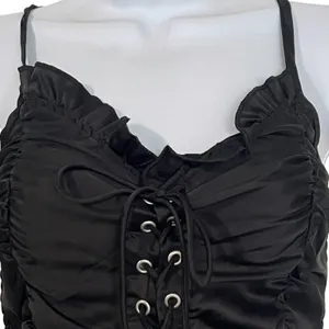 Cider Corset Top Women's Med Black Satin Lace Up Ruffle Cropped Cami Goth Punk thumbnail 7