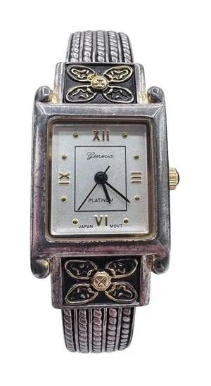 Geneva Platinum‎ Cuff Bracelet Watch Vintage Silver Tone Bangle Japan Movt thumbnail 1