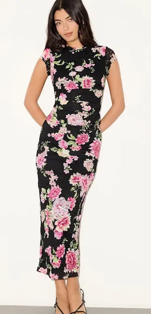 AFRM Los Angeles Lacey Black Floral Lace Two-Piece Midi Dress Set, Size S/M thumbnail 1