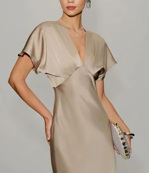 Rihoas Apricot V Neck A-Line Satin Midi Dress thumbnail 2