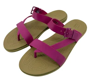 Crocs Tulum Toe Post Sandal Flip Flop Fuchsia Pink Tan Women 10 Buckle Straps thumbnail 1