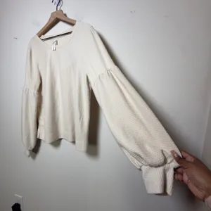 Anthropologie Women Cotton Knit Top XL Cream‎ Textured Balloon Sleeve Preppy thumbnail 3