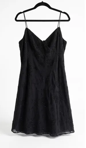 JSC Vintage 90s Black Beaded Floral Mini Dress Spaghetti Strap Size 14 Wrap Neck thumbnail 1