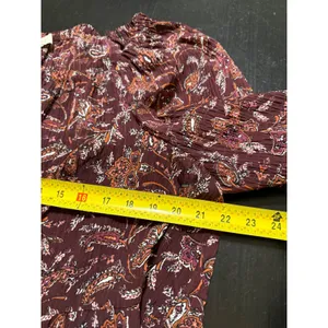 LOFT Women XL Burgundy Floral Paisley Peplum Blouse Long Sleeve Crinkle Top thumbnail 4