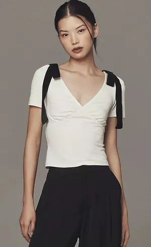Anthropologie Mare Mare Bow Puff-Sleeve V-Neck Top thumbnail 1