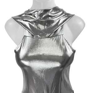 Women's Silver Gray Metallic Sleeveless Hooded Hoodie Bodysuit Tank Top Size S thumbnail 3