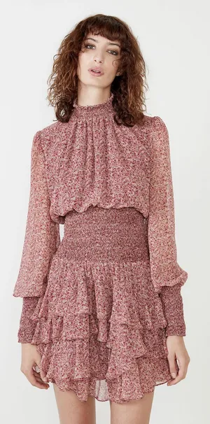 Bardot Dress Georgette Soft Floral Tiered Shirred Mini Long Sleeve Pink M thumbnail 1