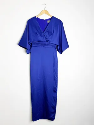 THEIA Size 4 Royal Blue Formal Maxi Dress Draped Sleeve Ruched Waist thumbnail 2