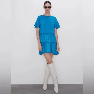 Zara Turquoise Blue NWT Ruffled Satin Effect Mini Dress thumbnail 3