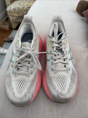 ASICS Women's White & Pink Athletic Running Shoes with Aqua Accents thumbnail 1
