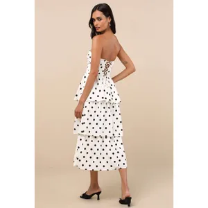 NWT Lulus Modie White Polka Dot Twist-Front Lace-Up Midi Dress Retro Party Sz M thumbnail 3