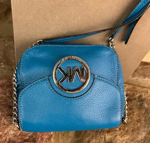 Michael Kors Teal Blue Pebbled Leather Crossbody with MK Medallion thumbnail 1