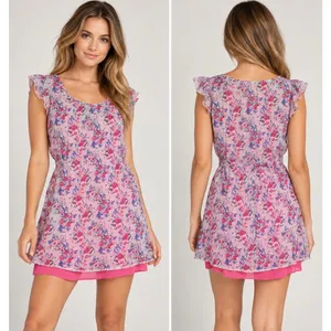 Superdry Floral Chiffon Mini Dress Pink Flutter Sleeve Layered Size Small thumbnail 2