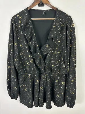 SHEIN Curve Blouse Womens 5XL Black Gold Foil‎ Star Ruffle Peplum Celestial Top thumbnail 1