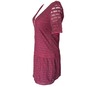 Sézane Drop Waist Mini Dress Size S‎ Burgundy Red Front Zip Sheer thumbnail 3