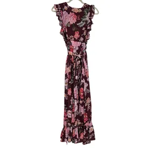 Majorelle Floral Maxi Dress Small Burgundy Plunge V Neck Ruffle Revolve Boho‎ thumbnail 3