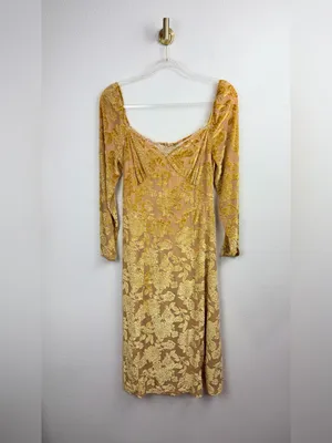 RIHOAS NWT Mustard/Gold Lace detail Floral Velvet Overlay Mesh Midi Dress Size M thumbnail 2