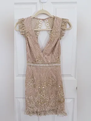 Hello Molly Match Me Dress Champagne Beaded Open Back Mini XS thumbnail 2