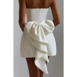 NWT Babyboo Suni Ivory Bow Pearl Trim Strapless Cocktail Mini Dress Women Size M thumbnail 3