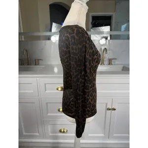 H&M Leopard Print Top Womens Medium Brown Long Sleeve Boat Neck Stretch Fitted thumbnail 3