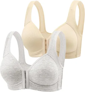 NWT ~ 2 Pack Women's Front Closure Wireless Full Coverage Ribbed Bras ~ Plus XXL Gray thumbnail 1