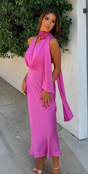 Zara maxi dress pink satin effect floral tie scarf wedding party cocktail thumbnail 1